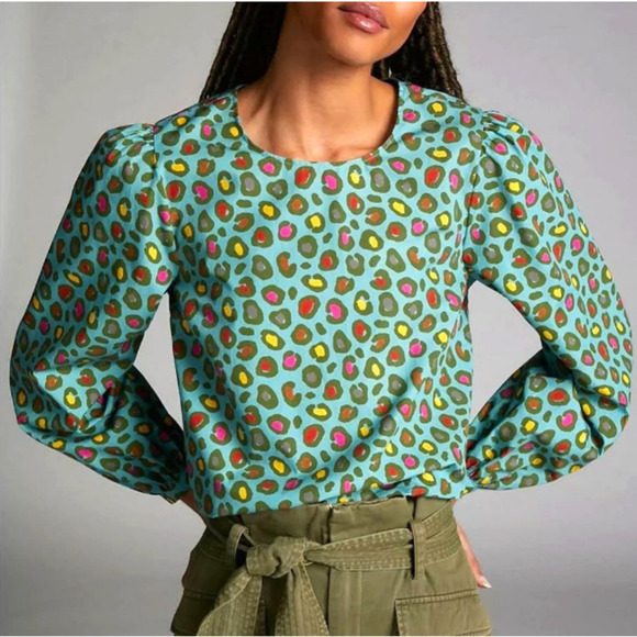 Anthropologie Farm Womens Rio Hanya Puff Sleeve Blouse Leopard Blue Size Medium - Picture 1 of 12